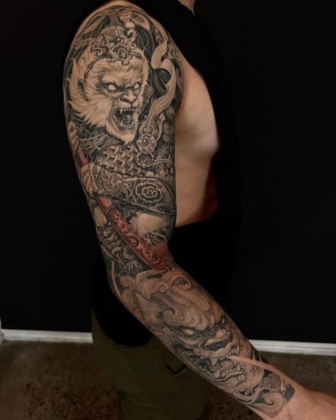 Chinese Tattoo Symbols On Arm, Monkey King Sleeve Tattoo, Mongol Warrior Tattoo, Monkey Japanese Tattoo, Japanese Dragon Sleeve Tattoos, Chinese Horse Tattoo, Japanese Monkey Tattoo, Qilin Tattoo, Japanese Tattoo Art Sleeve