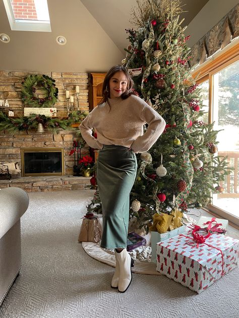 Silk Skirt Sweater Boots Outfit, Christmas Outfit Skirt And Sweater, Christmas Midi Skirt Outfit, Winter Sweater Skirt Outfit, Boots And Midi Skirt Outfit, Midi Skirt With Sweater Outfit, Skirt Sweater Boots Outfit, Midi Sweater Skirt Outfit, Silk Midi Skirt Outfit Winter