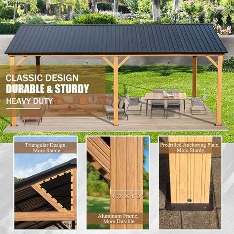 12*20ft Wood Grain Aluminum Patio Carport Gazebo - On Sale - Bed Bath & Beyond - 40180400 Outdoor Patio Ideas Backyards, Permanent Gazebo, Hardtop Gazebo, Gazebo Pergola, Gable Roof, Aluminum Patio, Decks Backyard, Deck Garden, Aluminum Frame