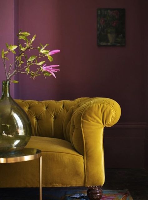 Cool Color Combo: Mustard & Pink | Apartment Therapy Plum Living Room, Plum Room, Plum Bedroom, Mustard Sofa, Mustard Living Rooms, Plum Walls, Burgundy Bedroom, Mustard Bedding, Burgundy Walls