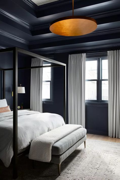 15 Best Bedroom Ceiling Ideas That We Love Dark Blue Ceiling Bedroom, Dark Blue Walls Bedroom, Midnight Blue Bedroom Ideas, Jade Bedroom, Moody Blue Bedroom, Bedroom Blues, Moody Room, Dark And Moody Bedroom, Dark Blue Bedrooms