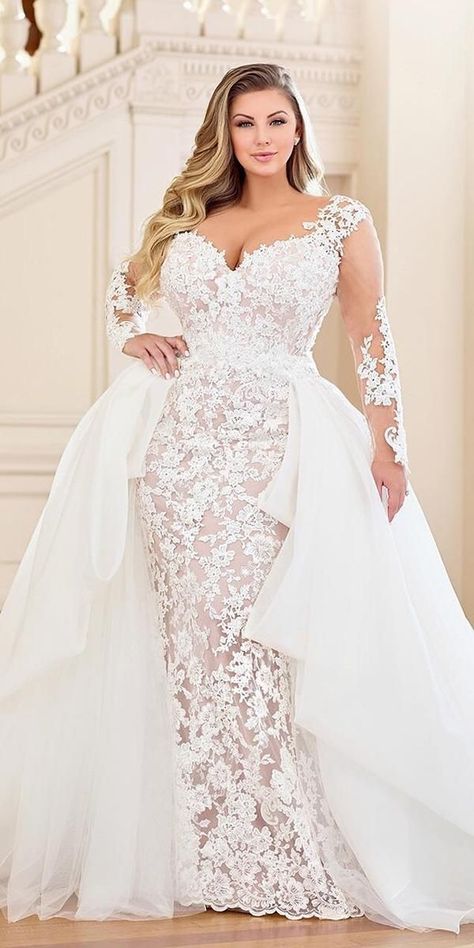 33 Plus-Size Wedding Dresses: A Jaw-Dropping Guide ❤️ plus size wedding dresses sheath with illusion long sleeves lace overskirt martin thornburg #weddingforward #wedding #bride Curvy Women Wedding Dress, Detachable Train Wedding Dress, Plus Size Bridal Dresses, Plus Wedding Dresses, Wedding Dress Plus Size, Long Sleeve Bridal Gown, Plus Size Wedding Dresses, Plus Size Wedding Gowns, Curvy Bride