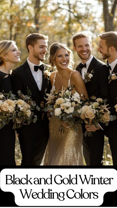 Elegant black and gold wedding setup with bridesmaids in black dresses and gold accents, complemented by matching groomsmen. Colors For Winter Wedding, New Years Eve Wedding Colors, Black And Gold Wedding Ideas, Winter Wedding Gold, Black Tie Wedding Bridesmaids, Black And Gold Wedding Theme, Black Champagne Wedding, Classy Winter Wedding, Suits For Groomsmen