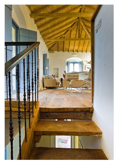 Greek House Interior, Greek Interior, Greece Design, Timber Roof, Wood Staircase, Greek House, Unique Houses, House Doors, Romantic Homes