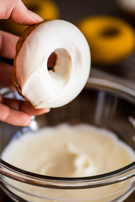 Pumpkin Donuts With Cream Cheese Glaze are the perfect easy fall breakfast! | #cozy | #fall | #pumpkin | #creamcheese | Pumpkin Donuts Baked, Easy Fall Breakfast, Healthy Pumpkin Dessert, Pumpkin Donuts Recipe, Donut Calories, Mini Donuts Maker, Doughnut Recipe Easy, Pumpkin Doughnut, Homemade Donuts Recipe