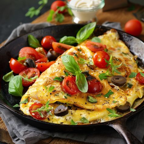 Omelette with Vegetables and Cheese Ingredients : • 3 eggs • 1/4 cup of milk • 1/2 cup diced peppers • 1/2 cup sliced ​​mushrooms • 1/4 cup fresh spinach • 1/4 cup grated cheese (cheddar or mozzarella) • Salt and pepper to taste • 1 tablespoon of butter Preparation : 1. In a bowl, beat the eggs with the milk, salt and pepper. 2. Heat the butter in a frying pan over medium heat. 3. Add the peppers, mushrooms and spinach, and cook until tender. 4. Pour the egg mixture into the pan and cook unti... Omelette With Vegetables, Omelette Aesthetic, Mushrooms And Spinach, Cheese Omelette, Cheese Cheddar, Veggie Omelette, Breakfast Easy, Cup Of Milk, Nutritious Smoothies