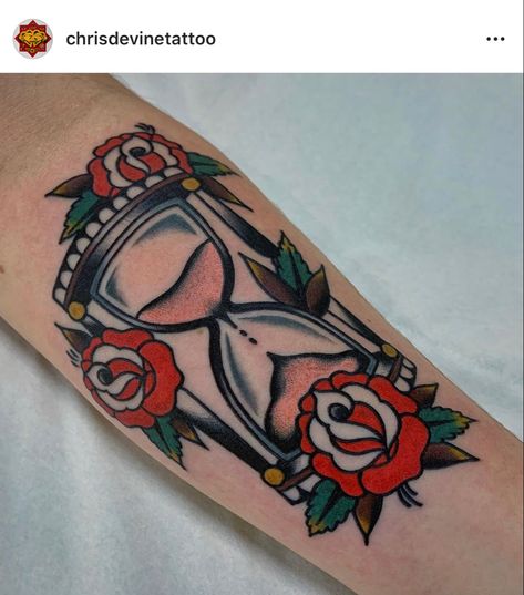 Hourglass Tattoo Traditional Black, Hourglass Flash Tattoo, American Traditional Hourglass Tattoo, Traditional Style Hourglass Tattoo, Hourglass Tattoo Neotraditional, Hourglass Tattoo, Sand Timers, Arm Sleeve, American Traditional