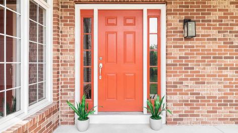 10 Best Front Door Colors for Red Brick Houses Terra Cotta Door Color, Red Brick Door Color, Door Colors For Red Brick House, Front Door Red Brick House, Coral Front Doors, Ranch Renovation, Orange Front Doors, Best Front Door Colors, White Front Door