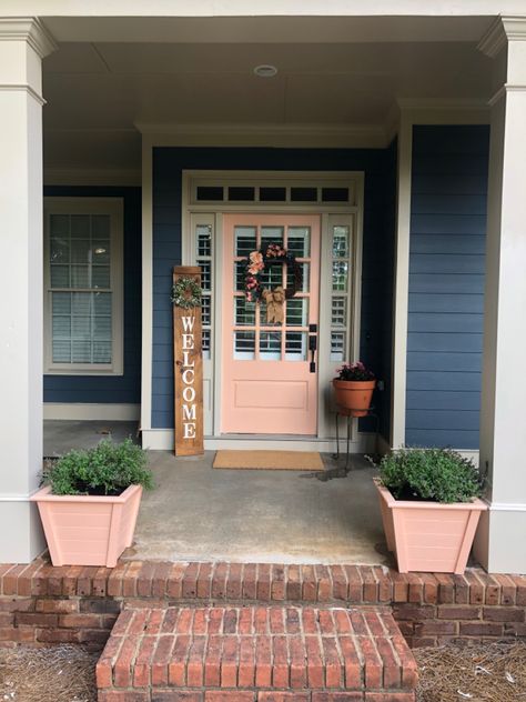 Coral Door Gray House, Pink Door Blue House, Peach Color Front Door, Peach Front Door Blue House, Blue House With Pink Door, Peach Door Exterior, Blue House Door Color Ideas, Peach Front Door, Blue Farmhouse Exterior