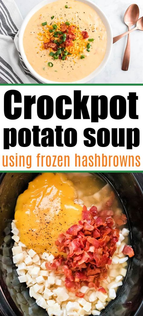 Creamy Crockpot potato soup with frozen hashbrowns is a cheap dinner with tons of flavor. Top with bacon and cheese for a killer meal. #crockpotpotatosoup #potatosoup #slowcookerpotatosoup Crockpot Potato Cheese Soup, Potato Soup With Frozen Hashbrowns, Potato Cheese Soup, Crockpot Potato Soup, Food For Lunch, Crockpot Potato, Slow Cooker Potato Soup, Frozen Hashbrowns, Slow Cooker Potatoes