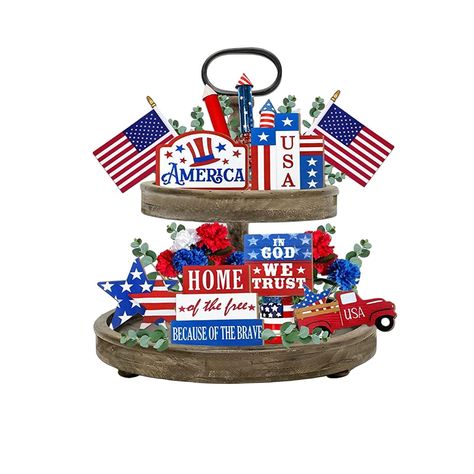 PRICES MAY VARY. ✅【Tiered Tray Decoration Set】You will receive patriotic tiered tray decors, including American flag, the United States map, star, firework and more, cute and elegant, full of patriotic atmosphere, creating a warm and happy atmosphere, and bringing you a pleasant visual enjoyment. ✅【Reliable and Stable Wood Material】The decor for tiered trays is made of wood mainly, reliable and stable, which can be kept for a long time, not east to break, deform or fade, smooth and no burr surfa Red White Blue Decor, 4th Of July Tiered Tray Decor, Patriotic Tiered Tray Decor, Red White Blue Decorations, Tiered Tray Decorations, Decor For Table, Patriotic Tiered Tray, Independence Day Decoration, Patriotic Decorations