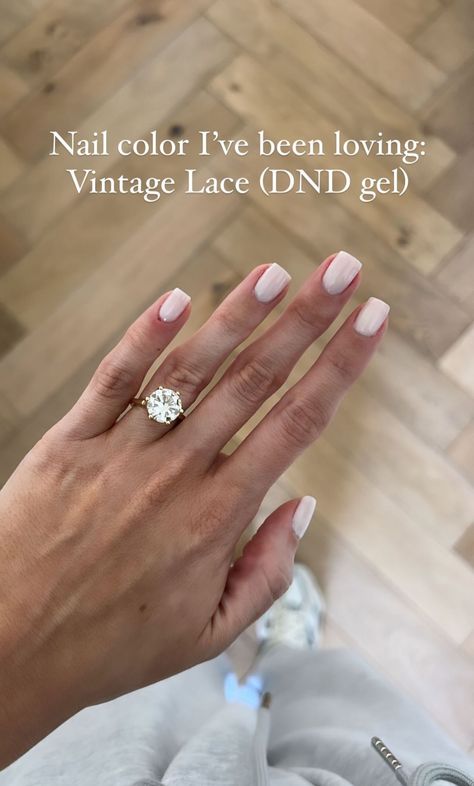 Hailey Bieber Nails Dnd, Wedding Nail Color For Bride Gel, Dnd Gel Polish Colors Natural, Bridal Nails Gel Polish, Vintage Lace Nail Color, Dnd Clean Girl Nails, Milky White Opi Gel, Nails What To Ask For, Heaven Sent Nail Color