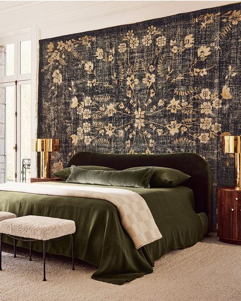 Shades of green, touches of unlacquered brass, a vintage-inspired rug on the wall—with our best-selling pieces, this bedroom suite embodies true European ease and elegance. Green Queen, Velvet Bed, King Pillows, Wood Nightstand, King Sheet Sets, Sheet Sets Queen, Lumbar Pillow Cover, Bed Blanket, King Beds