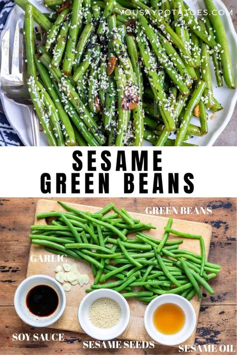 This easy Sesame Green Beans recipe is the perfect way to get a Japanese-style side dish on your plate in 15 minutes or less, with just 5 ingredients! It's full of great flavor and texture. Green Beans Soy Sauce Garlic, Sesame Green Bean Recipes, Green Beans With Sesame Seeds, Japanese Green Beans, Japanese Green Beans Recipe, Teriyaki Green Beans, Cold Green Bean Recipes, Green Bean Recipes Healthy, Soy Sauce Green Beans