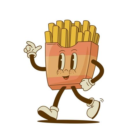 Food Mascot Design, French Fries Logo, French Fries Illustration, Food Mascot, Food Icon, Funny French, Rubber Hose, Retro Cartoon, Graphic Design Photoshop