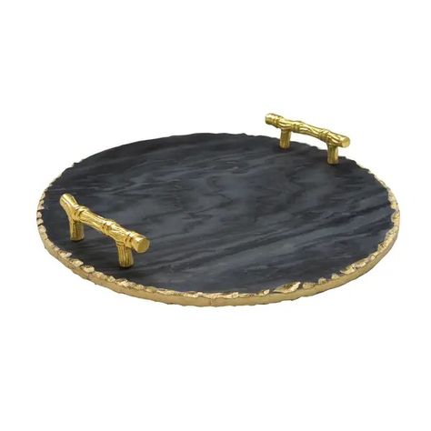 Marble black/gold tray with handles - On Sale - Bed Bath & Beyond - 33060304 Ottoman Coffee Table Tray, Gold Tray, Sophisticated Decor, Tray With Handles, Ottoman Coffee, Coffee Table Tray, Marble Tray, Table Tray, Old World Style