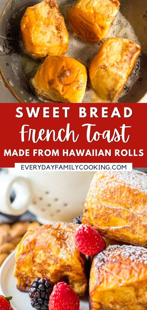 Hawaiian bread French toast is soaked in cinnamon, egg, & milk, then cooked up on all sides in butter. Serve with fresh berries & a sprinkle of powdered sugar! Hawaiian Bread French Toast, Sweet Bread French Toast, Delicious French Toast Recipe, Gluten Free Brunch Recipes, Hawaiian Bread, Bread French, Bread French Toast, Gluten Free Brunch, Easy Breakfast Smoothies