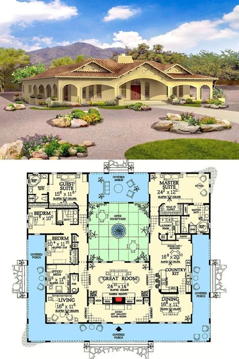 Hacienda House Plans, House Plans With Courtyard, Hacienda Floor Plans, Adobe House Plans, One Story House Plans, Open Courtyard, Multigenerational House Plans, Multigenerational House, One Story House