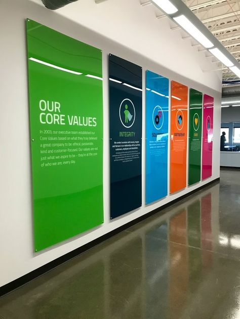 Corporate Office Corridor Design, Core Value Wall Design, Corporate Wall Design Graphics, Office Lobby Signage, Production Room Design, Branding Office Design, Company Lobby Design, Corporate Office Branding Wall, Core Values Wall Art