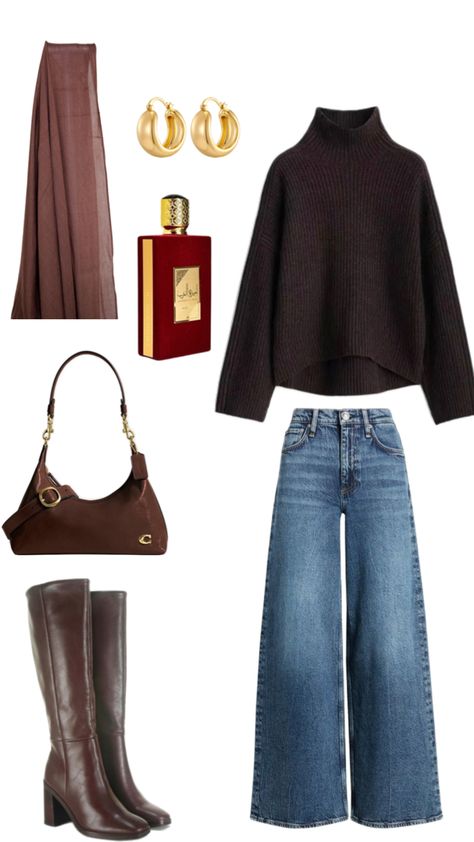 A/W outfit, hijabi outfit inspo, coach bag, dolce vita boots, blue jeans, oversized sweater, arab perfume, brown modal hijab outfit Hijab Fall Outfits, Modal Hijab, Dolce Vita Boots, Hijabi Outfit, Blue Jean Outfits, Modesty Outfits, Effortlessly Chic Outfits, Brown Outfit, Hijabi Outfits