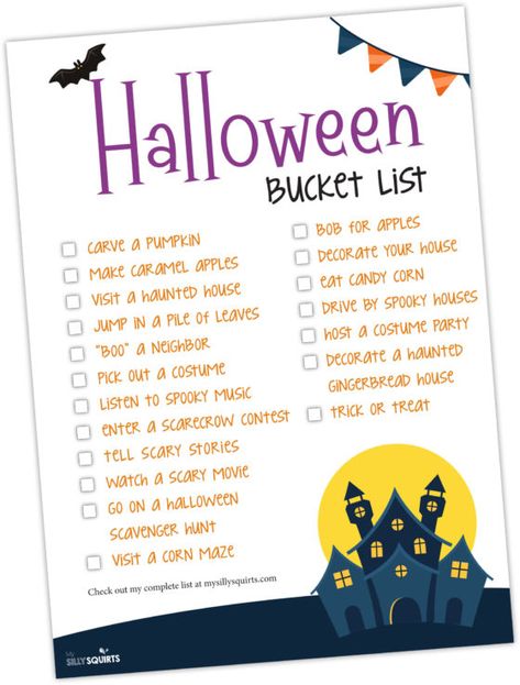 Caramel apples. Costumes. Haunted houses. Yep, it’s that time of year again! Just to make sure you don’t miss out on any of the fun, I’ve put together the ultimate Halloween bucket list. Don’t you just love Halloween? As soon as I start to see the decorations and costumes for sale at Costco, that means […] The post 50 Halloween bucket list items to check off your list this October appeared first on My Silly Squirts. Halloween Checklist, Halloween Bucket List, Bucket List Items, Bucket List Printable, Fun Halloween Activities, Activities For All Ages, Bobbing For Apples, Halloween Worksheets, Halloween Buckets