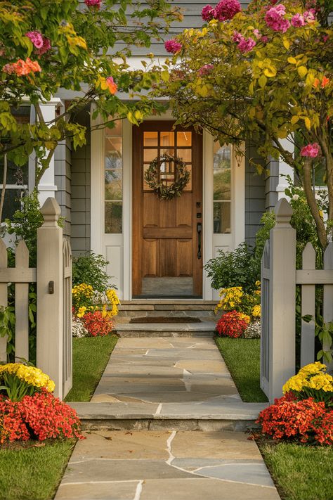 home entrance garden Home Entrance Decor Outdoor, Cottage Doors Front Entrance, Home Entrance Garden, Cute Lights, Fun Garden Art, Comfy Bench, Plants That Attract Butterflies, Entrance Garden, Art To Make