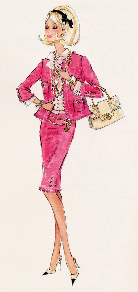 EM_BarbieCalendar_08ac | MyLifeInPlastic.com | Flickr Barbie Sketches, Robert Best, Vintage Fashion Sketches, Moda Chanel, Barbie Art, Chanel Suit, Mode Chanel, Fashion Design Inspiration, Fashion Drawings