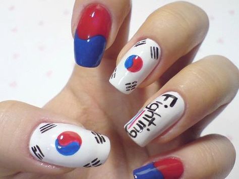 Korean Pedicure, Army Nails, Korea Nail, Flag Nails, 3d Nail Art Designs, Korean Nail Art, Nail Art Images, Korean Nails, Super Nails