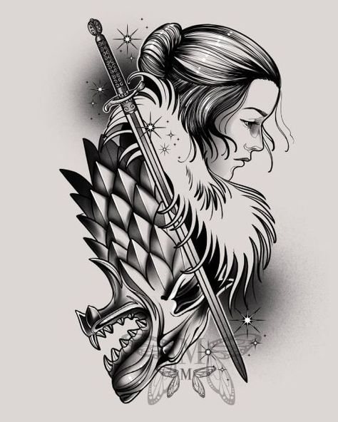 Arya Stark Drawing, Arya Stark Tattoo Ideas, Stark Tattoo Game Of Thrones, Game Of Thrones Art Illustration, Game Of Thrones Art Sketches, Asoiaf Tattoo, Arya Tattoo, Games Of Thrones Tattoo, Arya Stark Tattoo