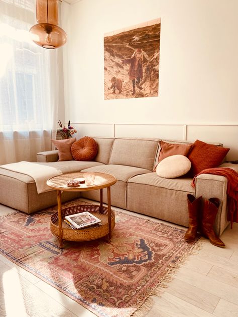 Taupe And Orange Living Room, Rust Room Decor, Tera Cotta Living Room, Beige And Terracotta Living Room, Rust And Cream Living Room, Sandstone Living Room, Terracotta Couch, Blush Couch, Terra Cotta Living Room