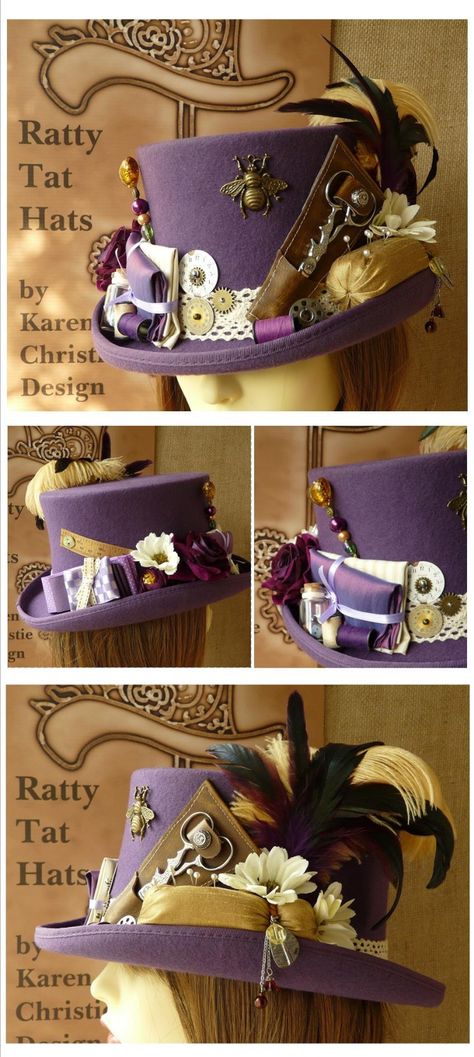 Lady's purple Steampunk top hat complete with the tools of a seamstress's trade: scissors, pin cushion, tape measure, button jar, thread spools, bobbins fabrics and lace, this whimsical design would be sure to please and be a talking point wherever it goes! Steampunk Props, Purple Steampunk, Button Jar, Steampunk Party, Steampunk Top, Steampunk Top Hat, Steampunk Crafts, Vintage Style Hat, Mad Hatter Hats