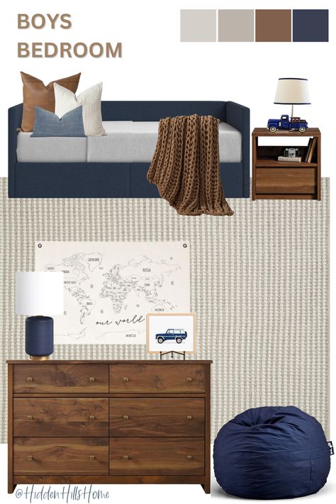 Boys bedroom decor inspiration with navy blue and brown tones Navy Furniture Boy Room, Navy Blue Toddler Boy Room, Brown Furniture Boys Room, Blue Brown Bedroom Ideas, Navy Blue Kids Bedroom, Navy Blue And Brown Bedroom, Boys Bedroom Ideas Blue, Navy And Brown Bedroom, Blue Toddler Room Boy