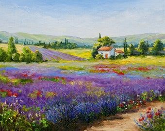 France Landscape, Floral Landscape, Violet Flowers, Sailboat Painting, Flower Landscape, Provence France, Oil Painting Flowers, Ocean Painting, Lavender Fields