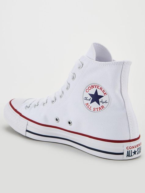 Converse Men's Chuck Taylor All Star Hi-Tops  Size & Fit  Standard fit  Available in sizes 6-12  Details  End Use: Lifestyle  Men's Chuck Taylor All Star Hi-Tops by Converse  White  Iconic Hi-Top silhouette Chuck Patch to the side  Durable rubber cupsole and toe bumper  Classic canvas upper  Laces secure the fit  Material Converse Shoes White High Top, All Star Converse, Mens White Converse, White Converse Mid-top Skate Shoes, Chucks Shoes, White-sole High-top Converse Canvas Shoes, Converse Chuck Taylor 70s White, Converse All Star White, White Converse Shoes