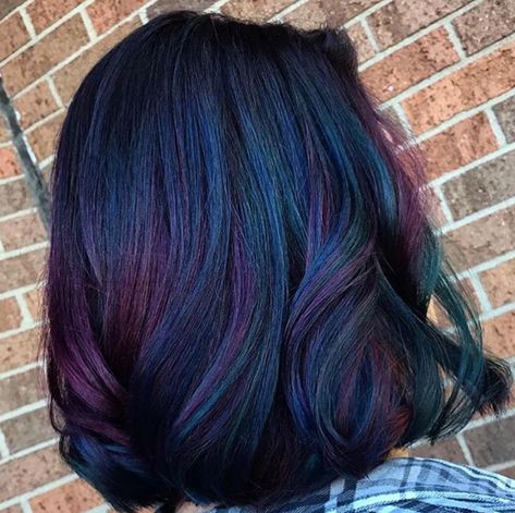 Burgundy Purple And Blue Hair, Dark Rainbow Hair Color Ideas, Blue Black Shoulder Length Hair, Dark Rainbow Hair Color, Dark Brown Rainbow Hair, Peacock Ombre Hair, Oil Slick Hair Color Brunettes, Dark Blue And Purple Hair, Highlights For Black Hair Indian