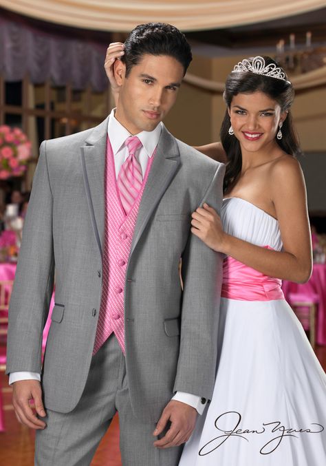 Wedding Ideas: Pink and Grey Wedding Ideas. Dark grey for the groomsmen White Tuxedo Wedding, Groom Tuxedo Wedding, Black Wedding Decorations, Grey Tuxedo, Pink And White Weddings, Hot Pink Weddings, Pink Wedding Theme, Groom Tuxedo, Vest And Tie