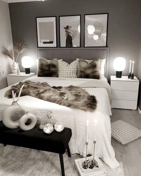 Describe this bedroom in ONE word 😍⠀ Credit: @merals_home⠀ .⠀ #mybdrm #bedroom #bedroomdecor #bedroominspiration #bedroomideas #cozybedroom… Black And White Bedroom, Stylish Bedroom Decor, Black Bedroom Decor, Redecorate Bedroom, Apartment Decor Inspiration, Luxury Rooms, Stylish Bedroom, Room Makeover Bedroom, Decor Home Living Room