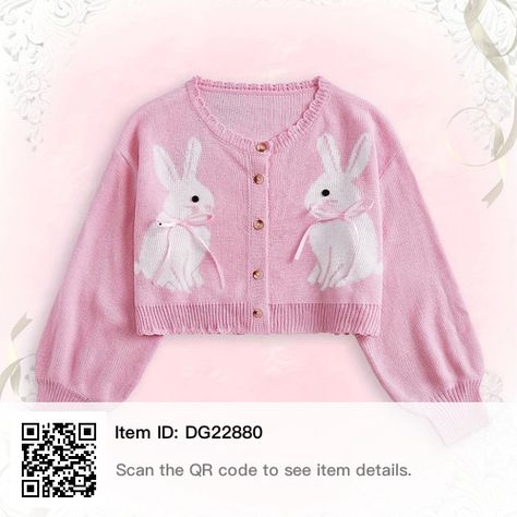 Romwe Sweater, Crop Knit Sweater, Shoulder Cardigan, Drop Shoulder Cardigan, Rabbit Pattern, Bunny Outfit, Cropped Knit Sweater, Kawaii Cartoon, Button Down Cardigan