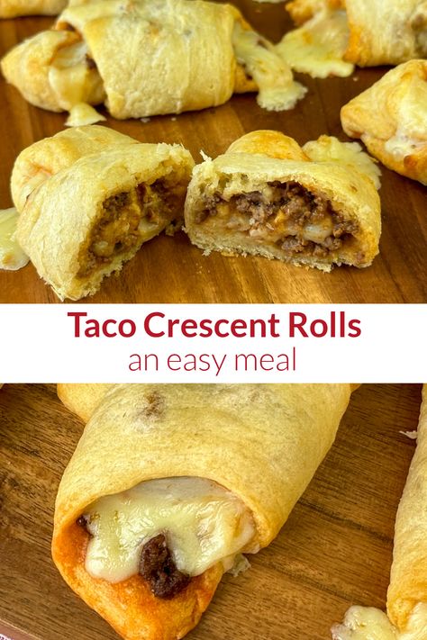 Collage of crescent roll tacos Beef Crescent Rolls, Taco Meat With Crescent Rolls, Crescent Rolls And Hamburger Recipes, Hamburger Meat Recipes Crescent Rolls, Dinner Ideas With Croissant Rolls, Pillsbury Biscuit Tacos, Easy Meat Pies Crescent Rolls, Taco Meat Crescent Rolls, Taco Cresent Rolls