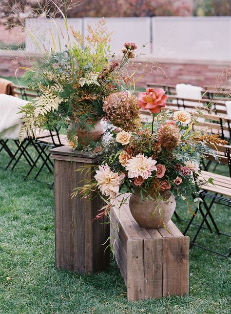 Flower Box Wedding Aisle, Potted Aisle Flowers, Arbor Flower Arrangements, Fall Aisle Flowers, End Of Aisle Flowers, Wedding Ceremony Signing Table, Aisle Ground Arrangements, End Of Aisle Wedding Decor, Fall Wedding Aisle