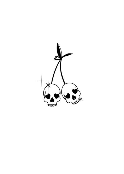 Skeleton Cherry Tattoo, Cherry Skull Drawing, Cool Sticker Tattoos, Tiny Skull Tattoo Simple, Spooky Woman Tattoo, Skull Cherry Tattoo Simple, Cherry Skull Tattoo Design, Cool Cherry Tattoo, Cherry Drawing Tattoo