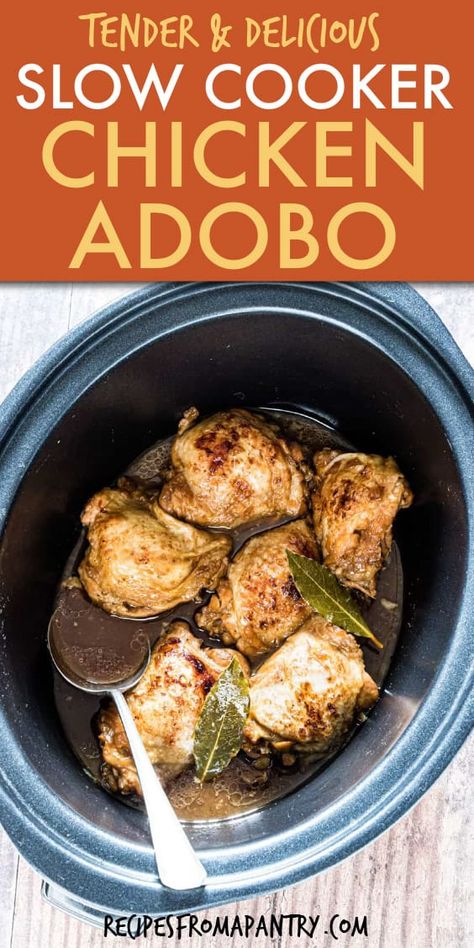 Slow Cooker Chicken Adobo Filipino, Chicken Adobo Recipe Crockpot, Coconut Chicken Adobo, Adobe Chicken Crockpot, Slow Cooker Chicken Adobo, Adobo Chicken Filipino Crock Pot, Filipino Chicken Adobo Crockpot, Crockpot Chicken Adobo Filipino, Adobo Chicken Crockpot