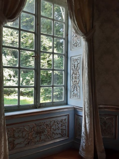 French Windows Aesthetic, Castle Window Aesthetic, Window Wallpaper Aesthetic, Castle Curtains, Hazbin Oc, Nymphenburg Palace, Window Wallpaper, Heavens Gate, Fantasy Backgrounds