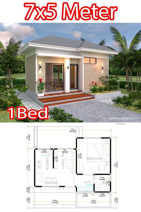 Hip Roof Bedroom, Rent Room, Kit Net, Small Farmhouse Plans, House Design Plans, Hut House, One Bedroom House, Small House Layout, Small Tiny House