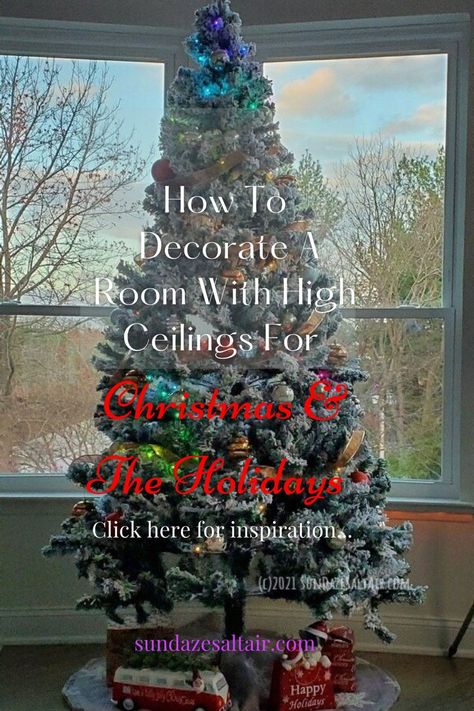 how-to-decorate-a-room-with-high-ceilings-for-Christmas-with-tall-flocked-Christmas-tree-overlooking-picture-window-views Room With High Ceilings, Decorate A Room, Decorate For Christmas, Christmas And Winter, On The Bright Side, High Ceilings, Cathedral Ceiling, Winter Solstice, Architectural Features