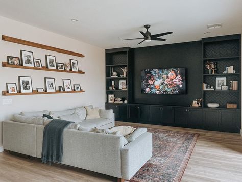 Black Behind Tv, Sherwin Williams Tricorn Black, Sherwin Williams Black, Powder Room Paint, Black Walls Bedroom, Tricorn Black, Leclair Decor, Bold Paint Colors, Built In Entertainment Center