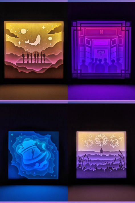 Decorate your shelves with these light boxes inspired by BTS' songs and music videos. These are the perfect gift for all BTS ARMYs and fans out there! Click the link below for more info! https://ajaartstudioshop.etsy.com/listing/1474648274/bts-lightbox-kpop-lightbox-kpop-bts Advance Thank you to all for supporting our shop! Bt21 Crafts, Army Crafts, Alevel Art, Army Art, Merch Kpop, Bts Songs, Light Boxes, Army Gifts, Army Bts