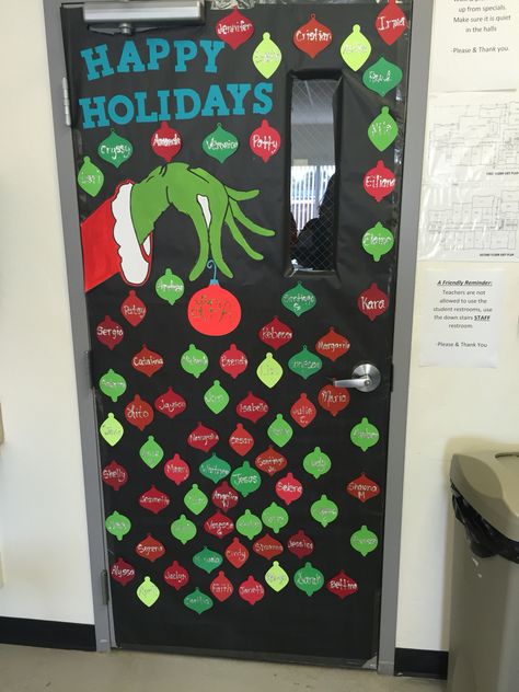 Teacher Lounge Holiday Decor, Seasons Door Decorations Classroom, Teacher Lounge Christmas Decorations, Grinch School Door Decorations, Grinch Themed Doors For School, Grinch Theme Classroom, Grinch Door Decorations For Office, Grinch Decorations Classroom, Grinch Classroom Ideas