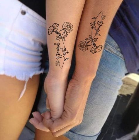 2 Birth Flower Tattoo Ideas, 2 Name Birth Flower Tattoo, Tattoo Ideas Female For Kids, Tattoos For Nephews Ideas, Tattoo Names Ideas, To Infinity And Beyond Tattoo, Birth Month Flower Tattoos With Names, Kids Name Tattoo Ideas, Mama Tattoos