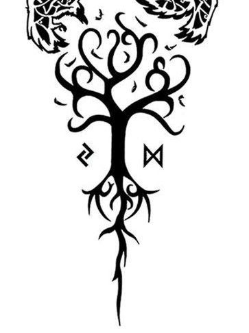 Viking Tree Tattoo Design, Viking Forest Tattoo, Ygdrassil Tattoo, Viking Raven Tattoo Ideas, Eikthyrnir Tattoo, Skol And Hati Norse Tattoo, Vikings Tattoo, Rune Tattoo, Calligraphy Artwork